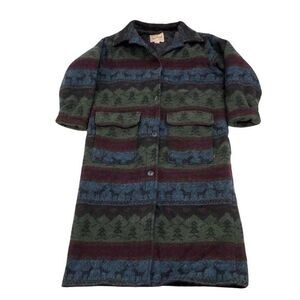 Woolrich Womens Vintage 90s Deer Tree Wool Blanket Coat Duster Jacket Size L